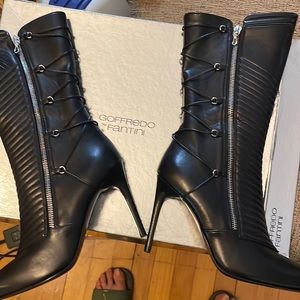 Black Lace-Up Stiletto Knee Boots